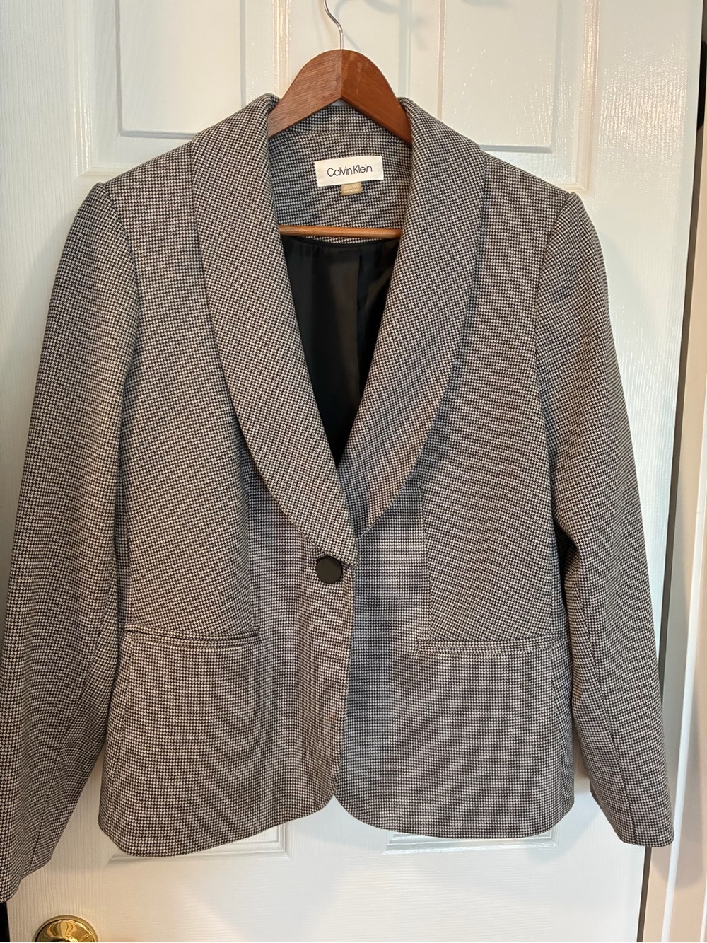 Calvin Klein Gray and Black Houndstooth Shawl-Collar Blazer office work